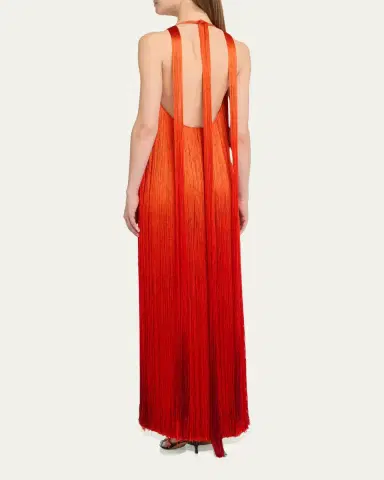 Oscar de la Renta Sleeveless Fringed Plunging Halter Gown | Thumbnail 3 Oscar de la Renta Sleeveless Fringed Plunging Halter Gown | Thumbnail 3