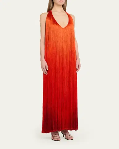 Oscar de la Renta Sleeveless Fringed Plunging Halter Gown | Thumbnail 4 Oscar de la Renta Sleeveless Fringed Plunging Halter Gown | Thumbnail 4
