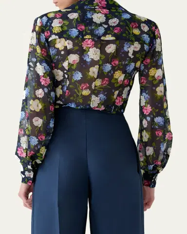 Carolina Herrera Isabella Rose-Print Silk Chiffon Button-Down Shirt | Thumbnail 3 Carolina Herrera Isabella Rose-Print Silk Chiffon Button-Down Shirt | Thumbnail 3
