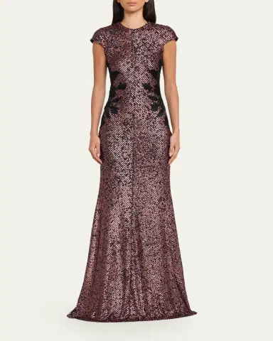 Naeem Khan Floral Applique Short-Sleeved Sequin Gown | Thumbnail 2 Naeem Khan Floral Applique Short-Sleeved Sequin Gown | Thumbnail 2