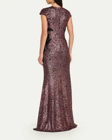 Naeem Khan Floral Applique Short-Sleeved Sequin Gown | Thumbnail 3 Naeem Khan Floral Applique Short-Sleeved Sequin Gown | Thumbnail 3