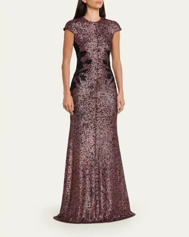Naeem Khan Floral Applique Short-Sleeved Sequin Gown | Thumbnail 4 Naeem Khan Floral Applique Short-Sleeved Sequin Gown | Thumbnail 4