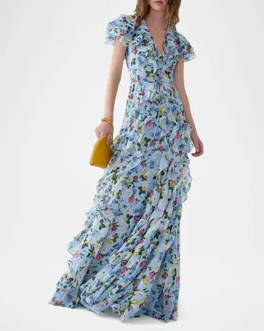 Carolina Herrera Floral Ruffle Chiffon Short-Sleeve Maxi Dress | Thumbnail 3 Carolina Herrera Floral Ruffle Chiffon Short-Sleeve Maxi Dress | Thumbnail 3