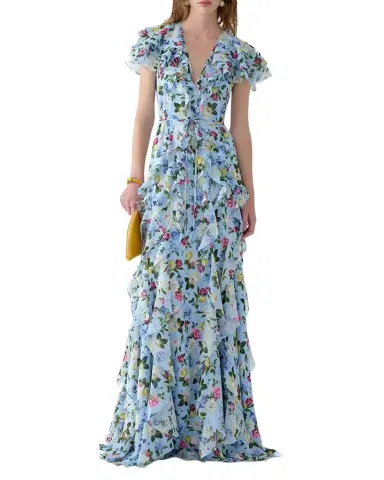 Carolina Herrera Floral Ruffle Chiffon Short-Sleeve Maxi Dress | Thumbnail 1 Carolina Herrera Floral Ruffle Chiffon Short-Sleeve Maxi Dress | Thumbnail 1