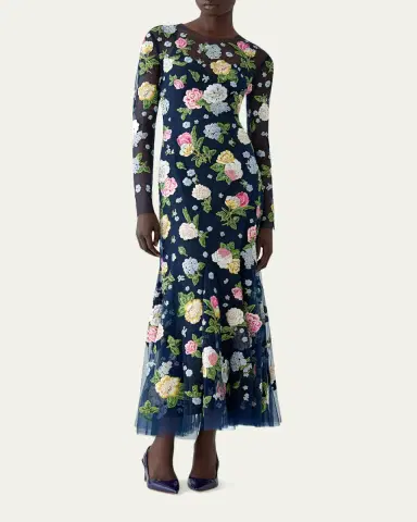 Carolina Herrera Floral Embroidered Tulle Long-Sleeve Midi Dress | Thumbnail 2 Carolina Herrera Floral Embroidered Tulle Long-Sleeve Midi Dress | Thumbnail 2
