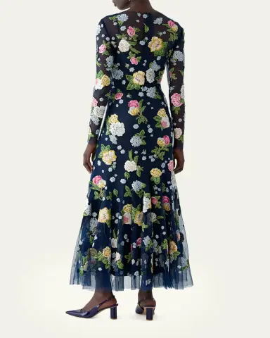 Carolina Herrera Floral Embroidered Tulle Long-Sleeve Midi Dress | Thumbnail 3 Carolina Herrera Floral Embroidered Tulle Long-Sleeve Midi Dress | Thumbnail 3
