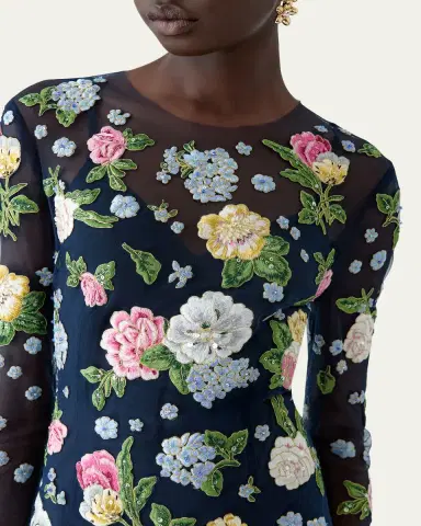 Carolina Herrera Floral Embroidered Tulle Long-Sleeve Midi Dress | Thumbnail 4 Carolina Herrera Floral Embroidered Tulle Long-Sleeve Midi Dress | Thumbnail 4