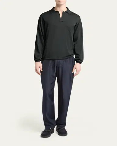 Giorgio Armani Men's Silk and Cotton Knit Johnny Collar Polo Sweater | Thumbnail 2 Giorgio Armani Men's Silk and Cotton Knit Johnny Collar Polo Sweater | Thumbnail 2