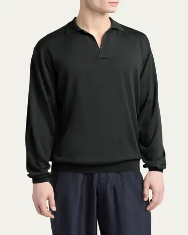 Giorgio Armani Men's Silk and Cotton Knit Johnny Collar Polo Sweater | Thumbnail 4 Giorgio Armani Men's Silk and Cotton Knit Johnny Collar Polo Sweater | Thumbnail 4