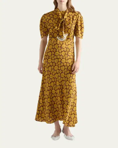 Prada Sable Floral Long Dress with Scarf Tie | Thumbnail 2 Prada Sable Floral Long Dress with Scarf Tie | Thumbnail 2