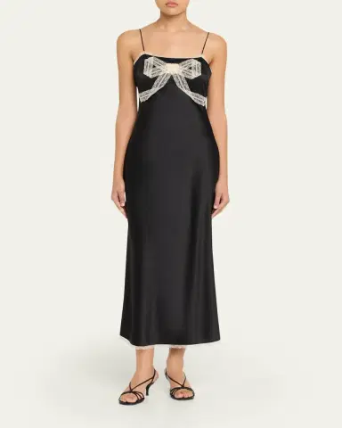 LoveShackFancy Isolie Lace Bow Crepe Midi Dress | Thumbnail 2 LoveShackFancy Isolie Lace Bow Crepe Midi Dress | Thumbnail 2