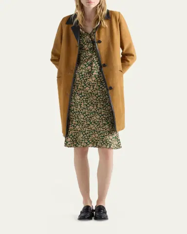 Prada Single-Breasted Suede Coat with Leather Trim | Thumbnail 2 Prada Single-Breasted Suede Coat with Leather Trim | Thumbnail 2