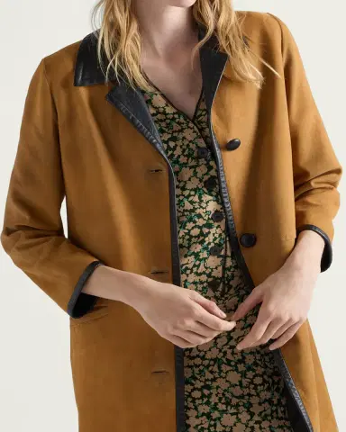 Prada Single-Breasted Suede Coat with Leather Trim | Thumbnail 4 Prada Single-Breasted Suede Coat with Leather Trim | Thumbnail 4