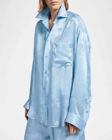 Balenciaga Logo Silk Jacquard Button-Down Cocoon Shirt | Thumbnail 3 Balenciaga Logo Silk Jacquard Button-Down Cocoon Shirt | Thumbnail 3