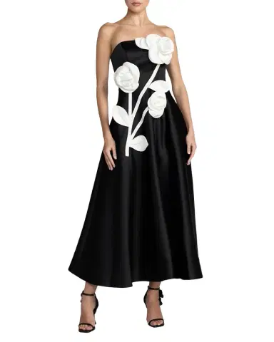 Mac Duggal Strapless 3D Floral Midi Dress | Thumbnail 1 Mac Duggal Strapless 3D Floral Midi Dress | Thumbnail 1