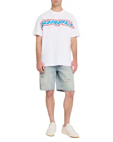 PURPLE Men's Painterly Distressed Denim Shorts | Thumbnail 1 PURPLE Men's Painterly Distressed Denim Shorts | Thumbnail 1