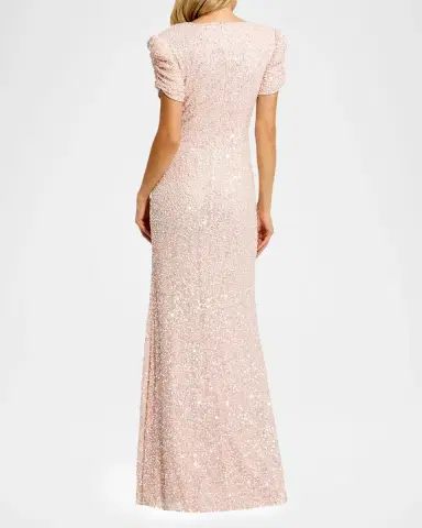 Mac Duggal Beaded Mesh Column Short-Sleeve Gown | Thumbnail 2 Mac Duggal Beaded Mesh Column Short-Sleeve Gown | Thumbnail 2