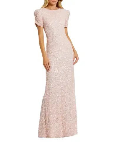 Mac Duggal Beaded Mesh Column Short-Sleeve Gown | Thumbnail 1 Mac Duggal Beaded Mesh Column Short-Sleeve Gown | Thumbnail 1