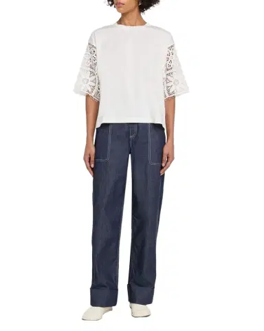 Lafayette 148 New York Embroidered-Sleeve Boxy Cotton Top | Thumbnail 1 Lafayette 148 New York Embroidered-Sleeve Boxy Cotton Top | Thumbnail 1