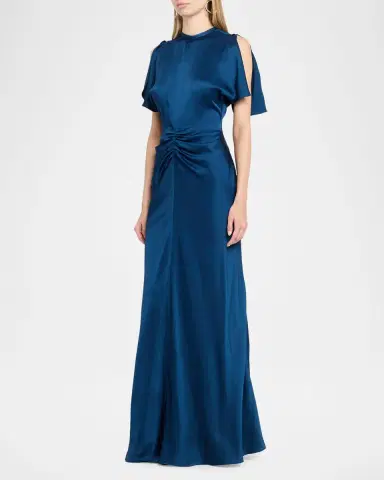 Victoria Beckham Gathered Waist Flutter-Sleeve Satin Gown | Thumbnail 3 Victoria Beckham Gathered Waist Flutter-Sleeve Satin Gown | Thumbnail 3