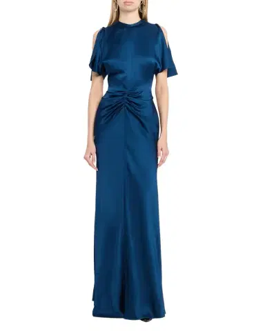 Victoria Beckham Gathered Waist Flutter-Sleeve Satin Gown | Thumbnail 1 Victoria Beckham Gathered Waist Flutter-Sleeve Satin Gown | Thumbnail 1