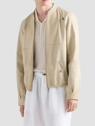 Prada Men's Nappa Leather Jacket - Beige Khaki | Thumbnail 2 Prada Men's Nappa Leather Jacket - Beige Khaki | Thumbnail 2