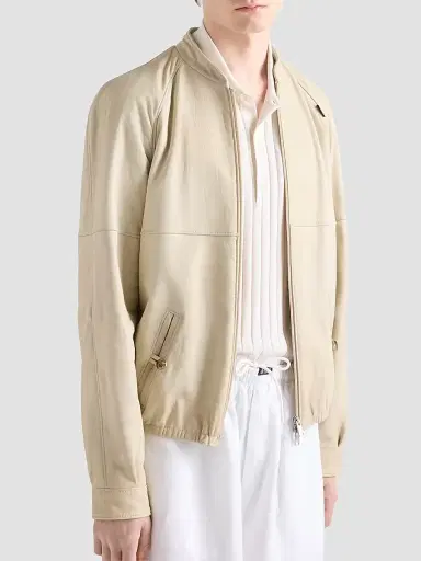 Prada Men's Nappa Leather Jacket - Beige Khaki | Thumbnail 3 Prada Men's Nappa Leather Jacket - Beige Khaki | Thumbnail 3