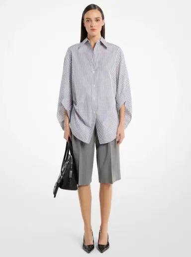 Michael Kors Collection Keegan Striped Cotton Poplin Cinched Shirt in Purple | Thumbnail 2 Michael Kors Collection Keegan Striped Cotton Poplin Cinched Shirt in Purple | Thumbnail 2