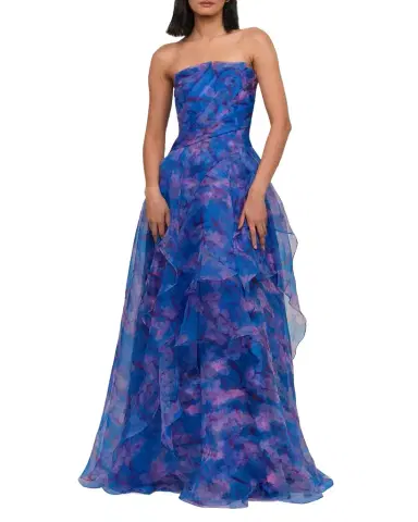 Theia Orelia Strapless Floral-Print Orgnaza Gown | Thumbnail 1 Theia Orelia Strapless Floral-Print Orgnaza Gown | Thumbnail 1