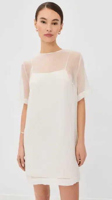 AMI Sheer Silk Trapeze Mini Dress with Slip Blanc Creme | Thumbnail 2 AMI Sheer Silk Trapeze Mini Dress with Slip Blanc Creme | Thumbnail 2