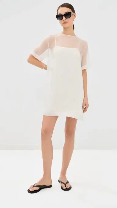 AMI Sheer Silk Trapeze Mini Dress with Slip Blanc Creme | Thumbnail 5 AMI Sheer Silk Trapeze Mini Dress with Slip Blanc Creme | Thumbnail 5