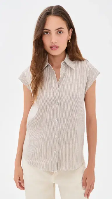 Vince Ticking tripe Cap Sleeve Blouse Taupe Wood | Thumbnail 2 Vince Ticking tripe Cap Sleeve Blouse Taupe Wood | Thumbnail 2