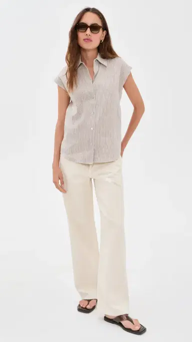 Vince Ticking tripe Cap Sleeve Blouse Taupe Wood | Thumbnail 5 Vince Ticking tripe Cap Sleeve Blouse Taupe Wood | Thumbnail 5