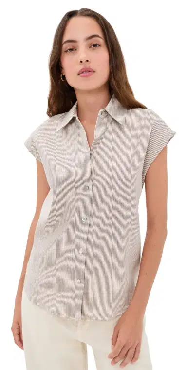 Vince Ticking tripe Cap Sleeve Blouse Taupe Wood | Thumbnail 1 Vince Ticking tripe Cap Sleeve Blouse Taupe Wood | Thumbnail 1