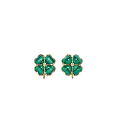 Yvonne Léon Yvonne Léon Puces Dôme Trèfle 9kt gold earrings with malachite and diamonds | Thumbnail 1 Yvonne Léon Yvonne Léon Puces Dôme Trèfle 9kt gold earrings with malachite and diamonds | Thumbnail 1