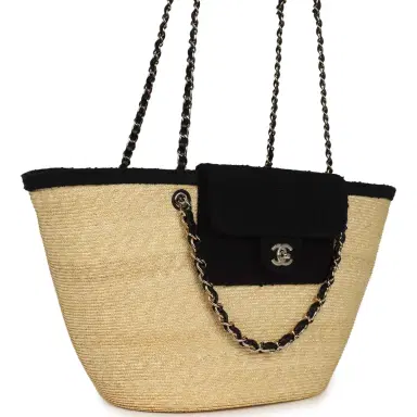 Chanel Chanel Large "Coco Vibe" Shopping Tote Bag Beige Raffia and Black Tweed Light Gold Hardware | Thumbnail 2 Chanel Chanel Large "Coco Vibe" Shopping Tote Bag Beige Raffia and Black Tweed Light Gold Hardware | Thumbnail 2