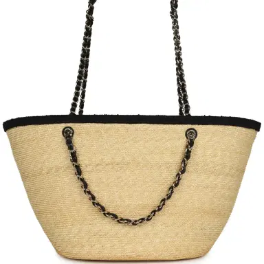 Chanel Chanel Large "Coco Vibe" Shopping Tote Bag Beige Raffia and Black Tweed Light Gold Hardware | Thumbnail 4 Chanel Chanel Large "Coco Vibe" Shopping Tote Bag Beige Raffia and Black Tweed Light Gold Hardware | Thumbnail 4