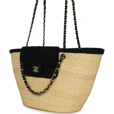 Chanel Chanel Large "Coco Vibe" Shopping Tote Bag Beige Raffia and Black Tweed Light Gold Hardware | Thumbnail 5 Chanel Chanel Large "Coco Vibe" Shopping Tote Bag Beige Raffia and Black Tweed Light Gold Hardware | Thumbnail 5