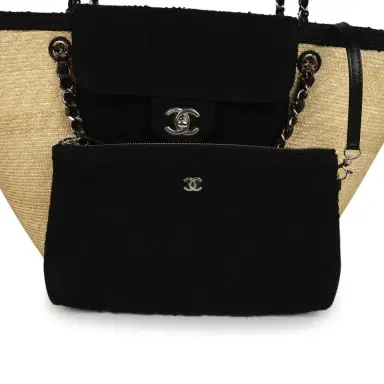 Chanel Chanel Large "Coco Vibe" Shopping Tote Bag Beige Raffia and Black Tweed Light Gold Hardware | Thumbnail 7 Chanel Chanel Large "Coco Vibe" Shopping Tote Bag Beige Raffia and Black Tweed Light Gold Hardware | Thumbnail 7