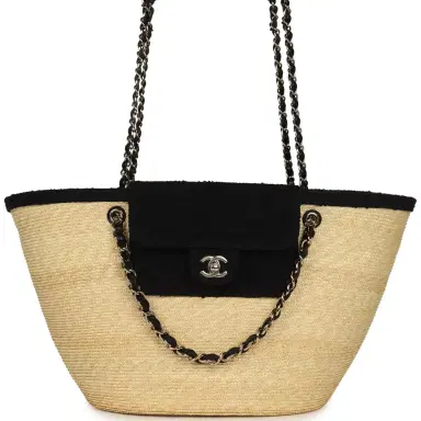 Chanel Chanel Large "Coco Vibe" Shopping Tote Bag Beige Raffia and Black Tweed Light Gold Hardware | Thumbnail 1 Chanel Chanel Large "Coco Vibe" Shopping Tote Bag Beige Raffia and Black Tweed Light Gold Hardware | Thumbnail 1