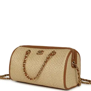 Chanel Chanel Mini Timeless Classic Barrel Bag with Chain Beige Braided Raffia and Brown Calfskin Light Gold Hardware | Thumbnail 5 Chanel Chanel Mini Timeless Classic Barrel Bag with Chain Beige Braided Raffia and Brown Calfskin Light Gold Hardware | Thumbnail 5