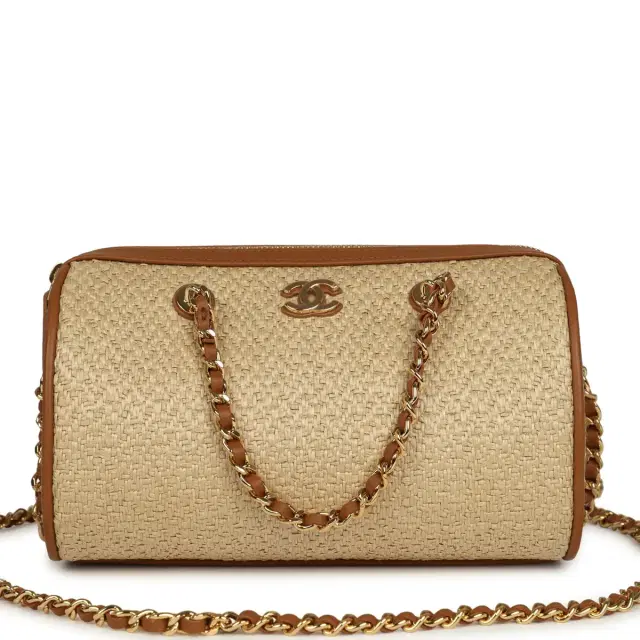 Chanel Mini Timeless Classic Barrel Bag with Chain Beige Braided Raffia and Brown Calfskin Light Gold Hardware Chanel Mini Timeless Classic Barrel Bag with Chain Beige Braided Raffia and Brown Calfskin Light Gold Hardware