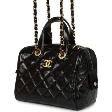 Chanel Pre-owned Chanel "CC Travel" Bowling Bag Black Shiny Crumped Calfskin Antique Gold Hardware | Thumbnail 5 Chanel Pre-owned Chanel "CC Travel" Bowling Bag Black Shiny Crumped Calfskin Antique Gold Hardware | Thumbnail 5
