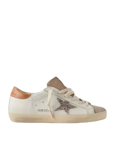 Golden Goose Super-star Distressed Glittered Suede-trimmed Leather Sneakers | Thumbnail 1 Golden Goose Super-star Distressed Glittered Suede-trimmed Leather Sneakers | Thumbnail 1