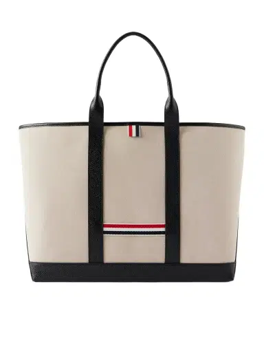 Thom Browne Tool Leather And Grosgrain-trimmed Canvas Tote | Thumbnail 1 Thom Browne Tool Leather And Grosgrain-trimmed Canvas Tote | Thumbnail 1