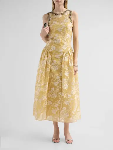 Cinq à Sept Women's Florence Floral Jacqaurd Midi-Dress - Ochre Muse White | Thumbnail 2 Cinq à Sept Women's Florence Floral Jacqaurd Midi-Dress - Ochre Muse White | Thumbnail 2