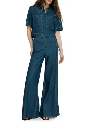 Veronica Beard Women's Spruce Denim Short-Sleeve Shirt - Starry Night | Thumbnail 2 Veronica Beard Women's Spruce Denim Short-Sleeve Shirt - Starry Night | Thumbnail 2