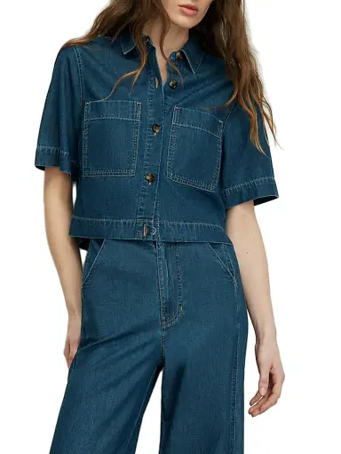Veronica Beard Women's Spruce Denim Short-Sleeve Shirt - Starry Night | Thumbnail 3 Veronica Beard Women's Spruce Denim Short-Sleeve Shirt - Starry Night | Thumbnail 3