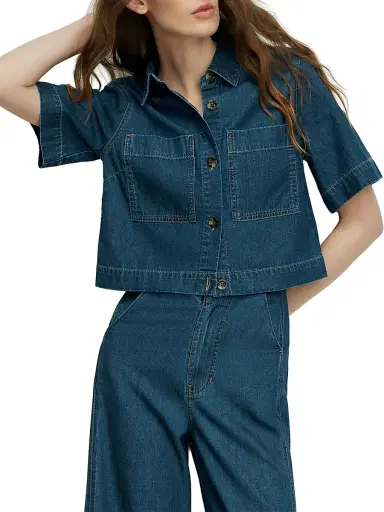 Veronica Beard Women's Spruce Denim Short-Sleeve Shirt - Starry Night | Thumbnail 4 Veronica Beard Women's Spruce Denim Short-Sleeve Shirt - Starry Night | Thumbnail 4