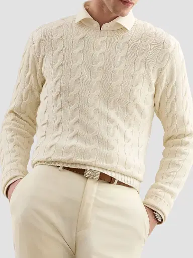 Ralph Lauren Purple Label Men's Cable-Knit Cashmere Crewneck Sweater - Classic Cream | Thumbnail 2 Ralph Lauren Purple Label Men's Cable-Knit Cashmere Crewneck Sweater - Classic Cream | Thumbnail 2